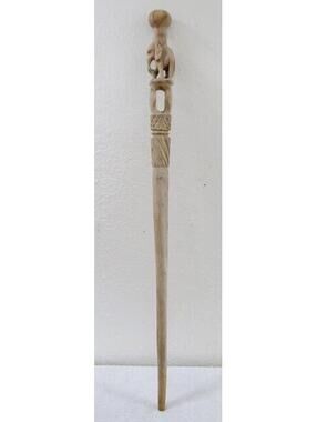 Vintage Nigerian Carved Light Wood Elephant Topped Walking Stick Cane